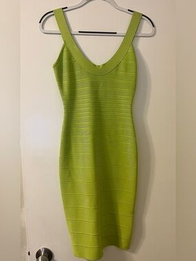 Herve Leger Citron Green Midi Scoopneck Bandage Dress